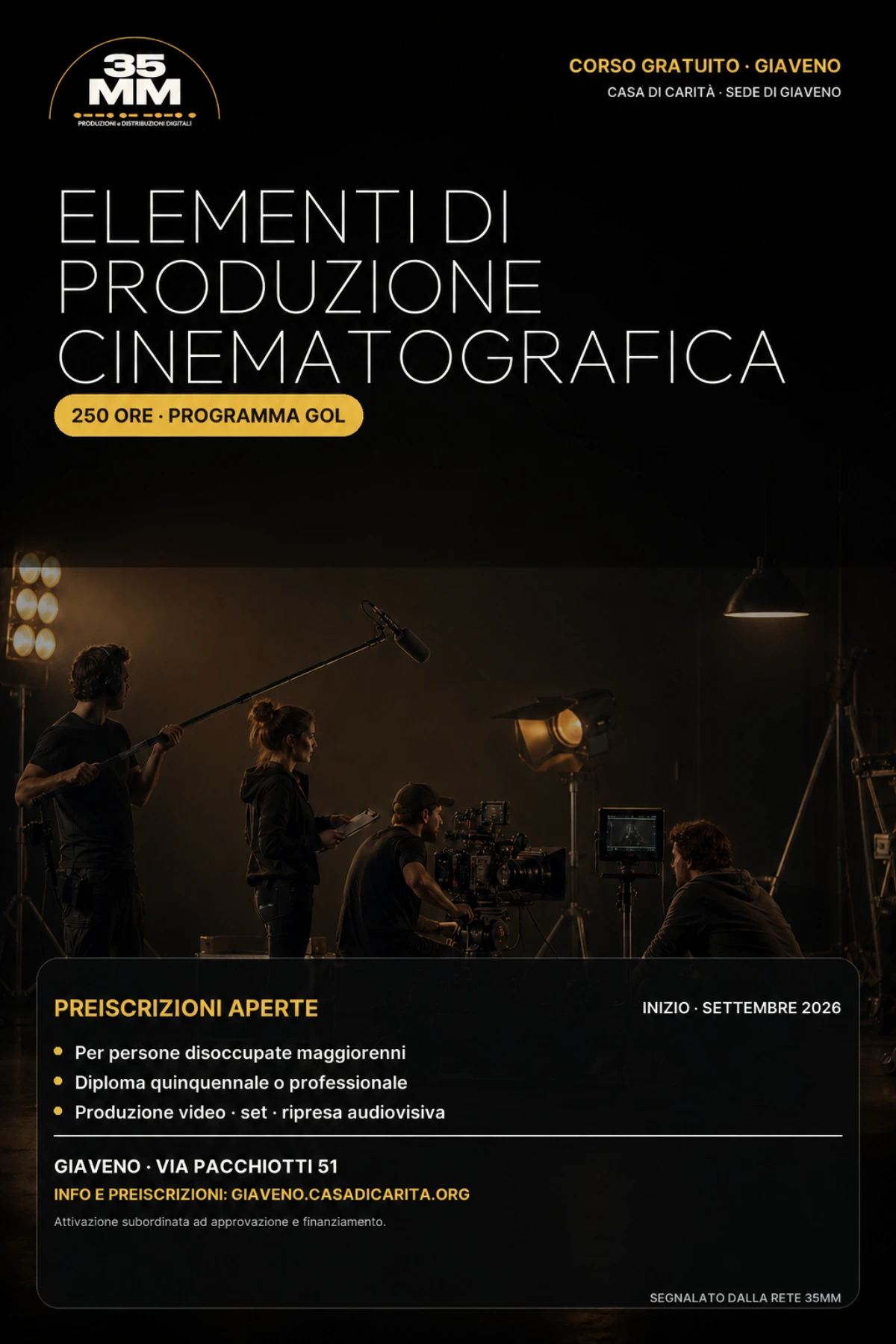 Locandina del corso Elementi di produzione cinematografica a Giaveno