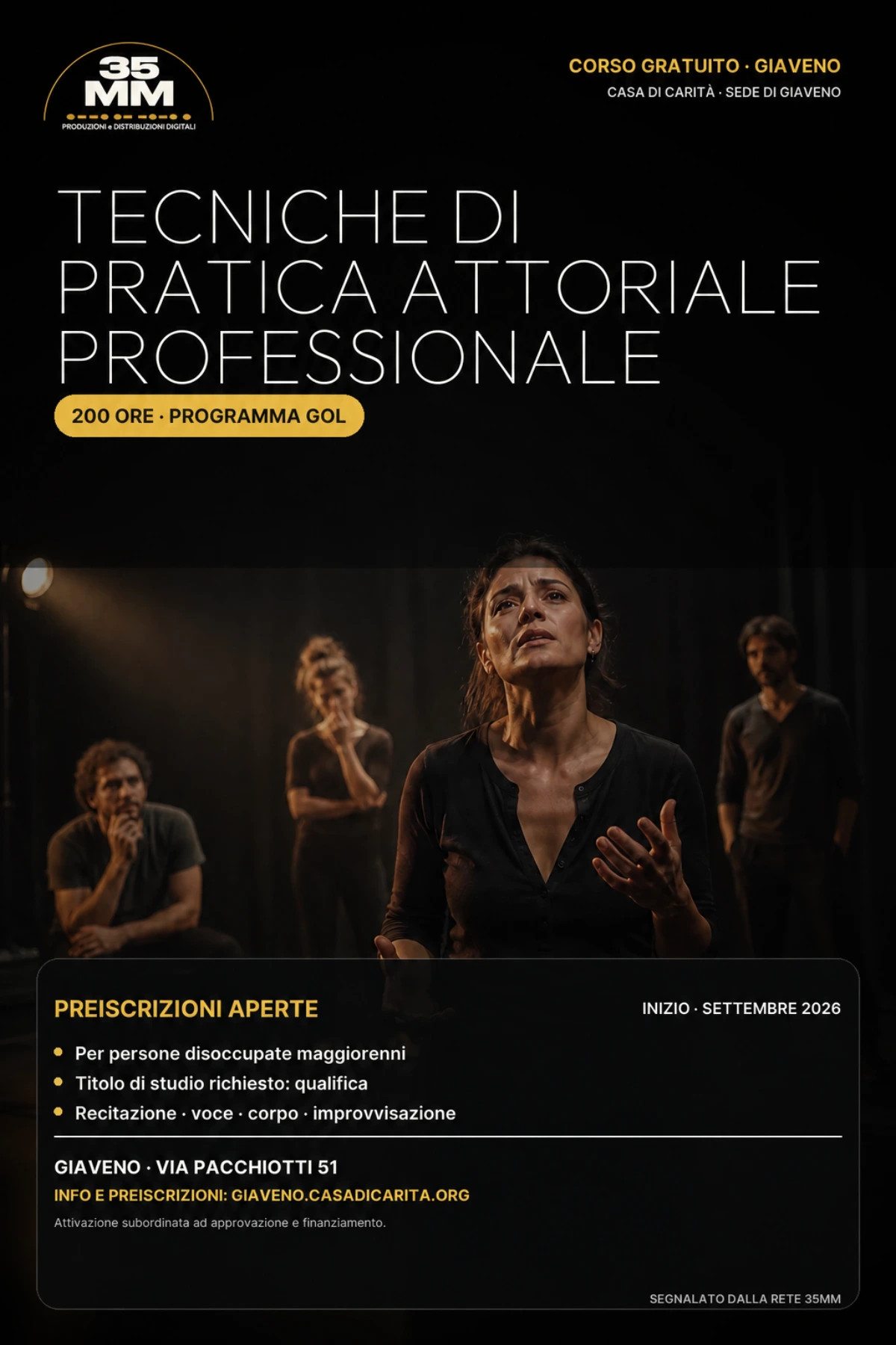 Locandina del corso Tecniche di pratica attoriale professionale a Giaveno