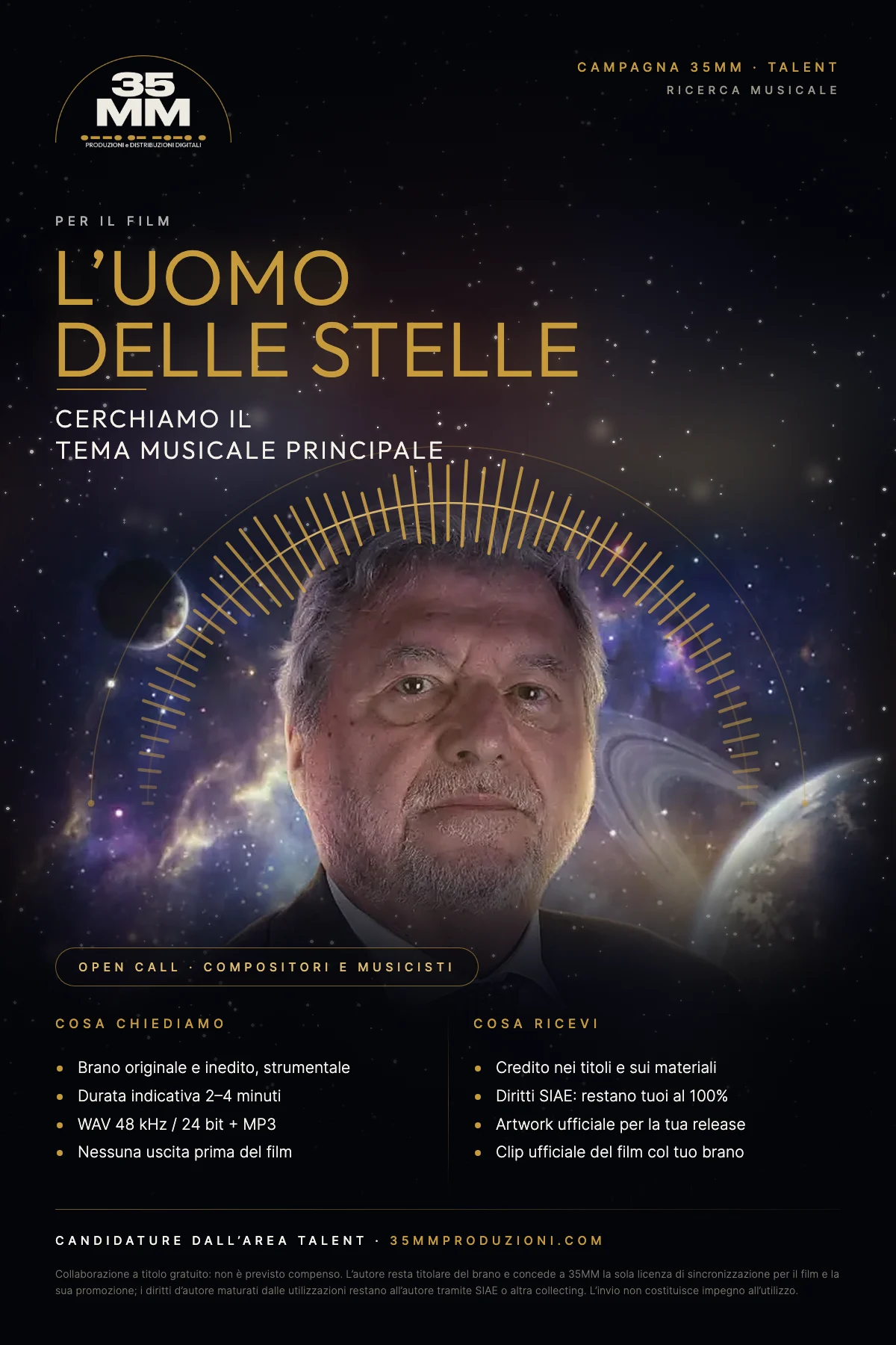 Locandina della open call per il tema musicale del film “L’uomo delle stelle”: ritratto del protagonista nello spazio con un arco di onde sonore dorate.