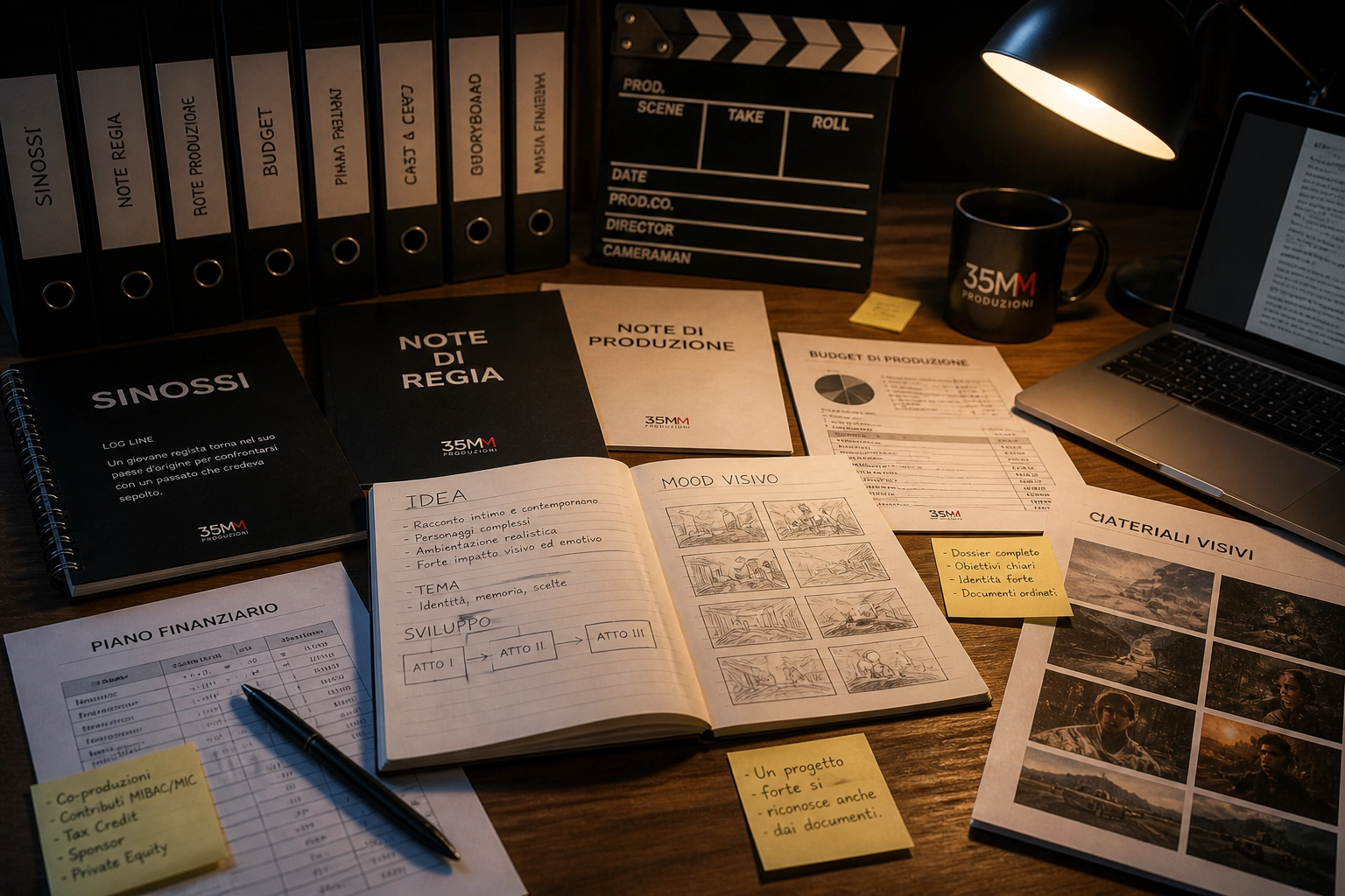 Dossier produttivo per cinema e audiovisivo con sinossi, note artistiche, budget e piano finanziario